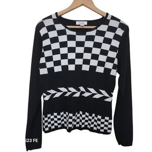 Vtg Carducci Sweater Women's Large Black White Checkerboard Geometric Mod Op Art